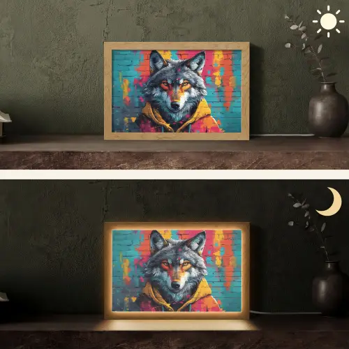 Graffiti - Wolf - Street art - Blauw Light Box met kabel (Tafellamp) klein -sfeer3