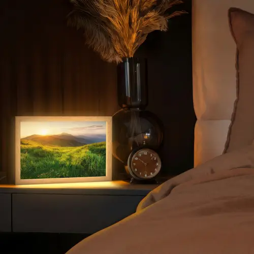 Gras - Heuvels - Zon - Natuur - Landschap Light Box met kabel (Tafellamp) klein -sfeer1