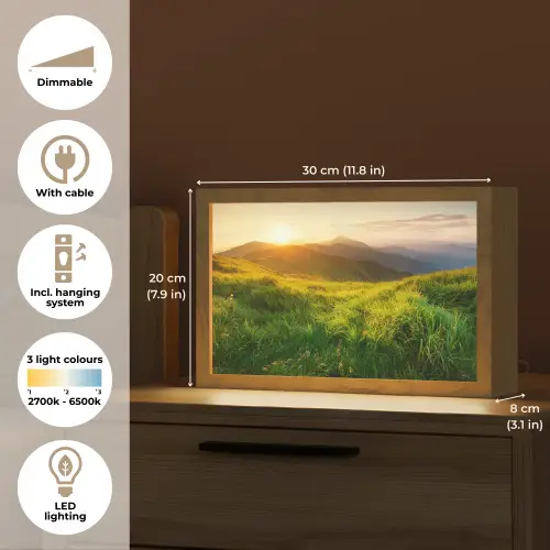 Gras - Heuvels - Zon - Natuur - Landschap Light Box met kabel (Tafellamp) klein -USP_EN