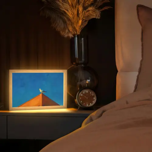 Meeuw - Gebouw - Lucht - Geschilderd Light Box met kabel (Tafellamp) klein -sfeer1