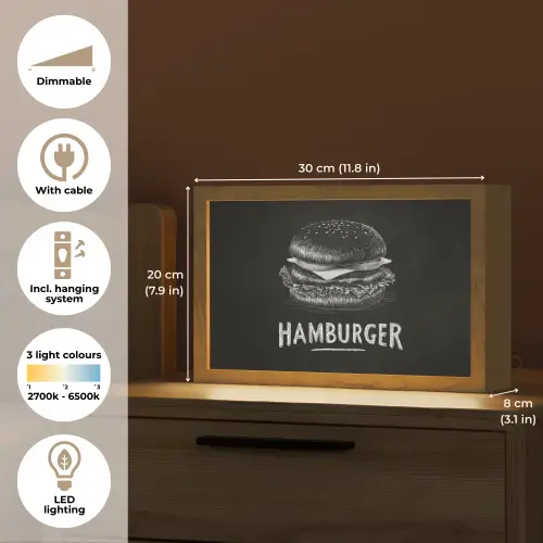 Hamburger - Krijttekst - Zwart - Wit Light Box met kabel (Tafellamp) klein -USP_EN