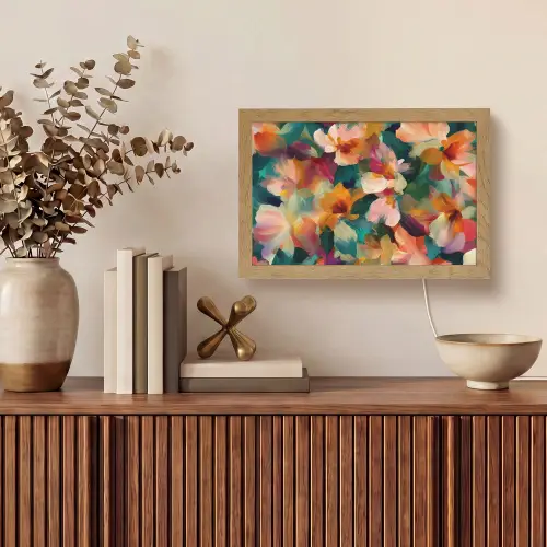 Harmonieus - Abstracte bloemen - Warme tinten Light Box met kabel (Tafellamp) klein -sfeer2