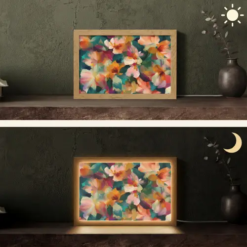 Harmonieus - Abstracte bloemen - Warme tinten Light Box met kabel (Tafellamp) klein -sfeer3