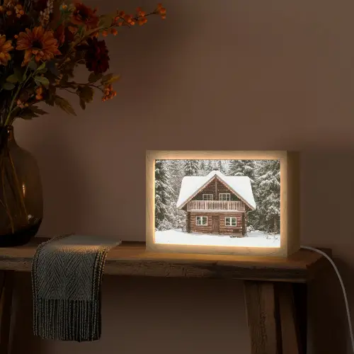Huis - Bos - Winter - Natuur - Sneeuw Light Box met kabel (Tafellamp) klein -sfeer4