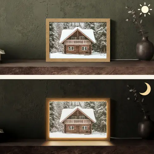 Huis - Bos - Winter - Natuur - Sneeuw Light Box met kabel (Tafellamp) klein -sfeer3