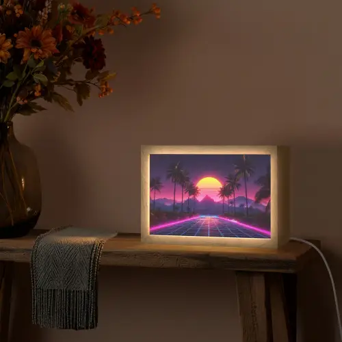 Horizon - Palmbomen - Bergen - Geel Light Box met kabel (Tafellamp) klein -sfeer4