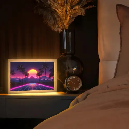 Horizon - Palmbomen - Bergen - Geel Light Box met kabel (Tafellamp) klein -sfeer1