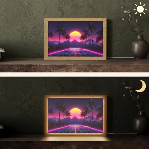 Horizon - Palmbomen - Bergen - Geel Light Box met kabel (Tafellamp) klein -sfeer3