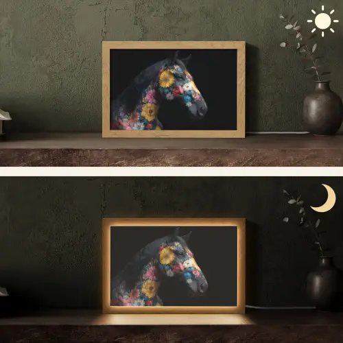 Paard - Bloemen - Zwart Light Box met kabel (Tafellamp) klein -sfeer3