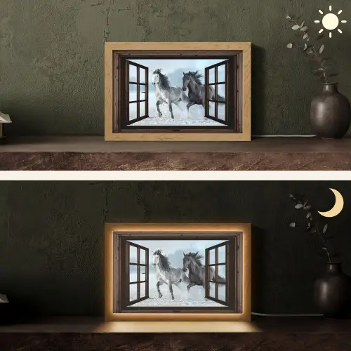 Paarden - Winter - Dieren - Natuur - Doorkijk Light Box met kabel (Tafellamp) klein -sfeer3