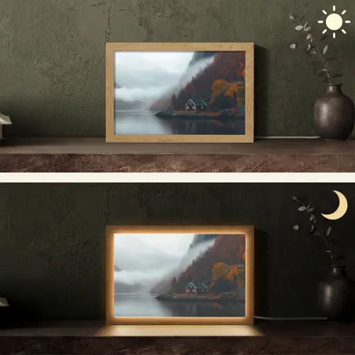 Huis - Rood - Bergen - Water Light Box met kabel (Tafellamp) klein -sfeer3