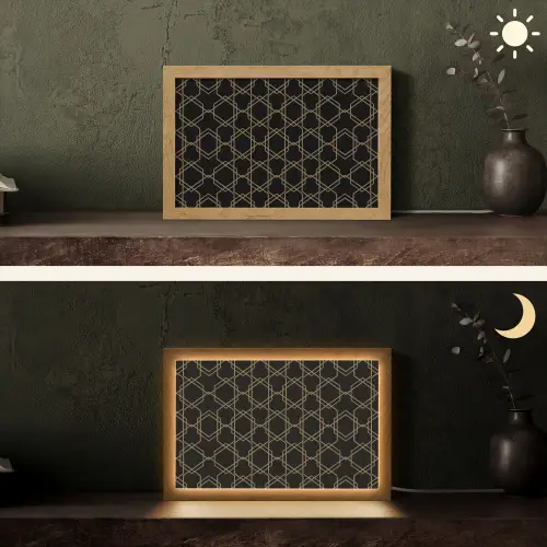 Verweven - Zeshoeken - Zwart - Goud Light Box met kabel (Tafellamp) klein 924 -sfeer3