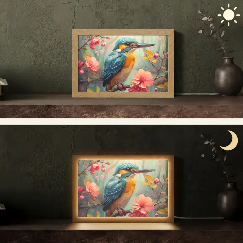 IJsvogel - Bloesem - Natuur - Vogels - Bloemen Light Box met kabel (Tafellamp) klein -sfeer3
