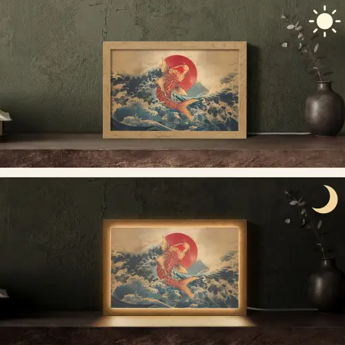 Koi - Zee - Golven - Zon Light Box met kabel (Tafellamp) klein -sfeer3