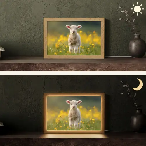 Lammetje - Gras - Bloemen - Geel Light Box met kabel (Tafellamp) klein -sfeer3