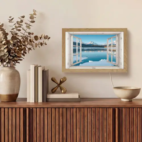 Landschap - Winter - Meer - Bergen - Uitzicht - Doorkijk - Licht Light Box met kabel (Tafellamp) klein -sfeer2