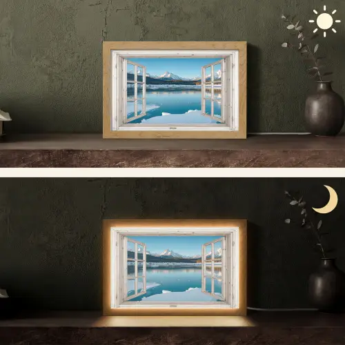 Landschap - Winter - Meer - Bergen - Uitzicht - Doorkijk - Licht Light Box met kabel (Tafellamp) klein -sfeer3