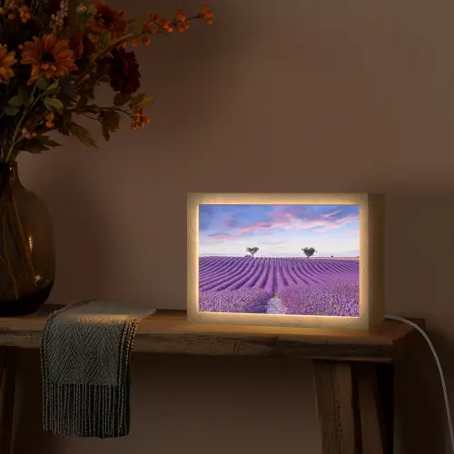 Lavendel - Natuur - Paars - Bomen - Bloemen Light Box met kabel (Tafellamp) klein -sfeer4
