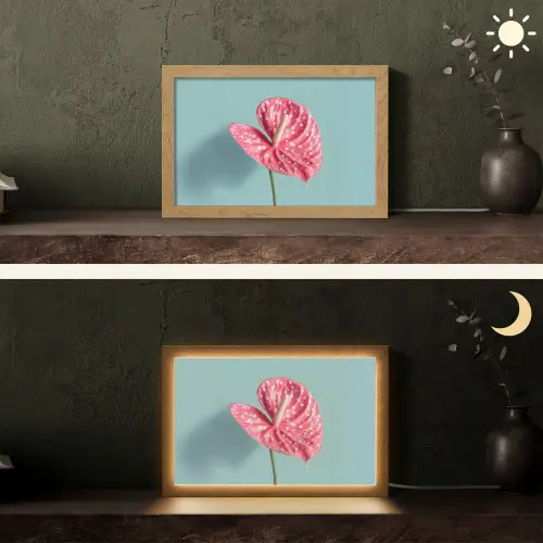 Blad - Anthurium - Stippen - Roze Light Box met kabel (Tafellamp) klein -sfeer3