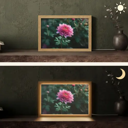 Blad - Chrysant - Roze - Schaduw Light Box met kabel (Tafellamp) klein -sfeer3