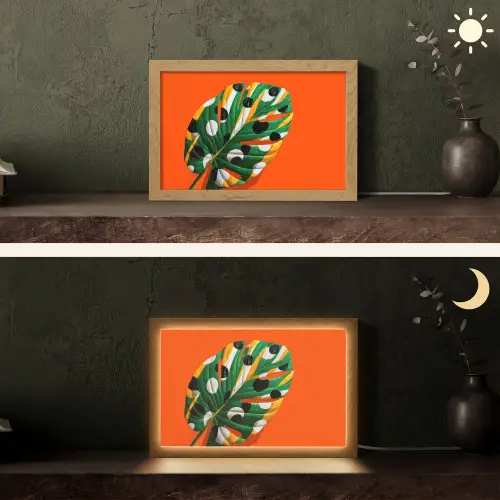 Blad - Oranje - Stippen - Kleurrijk Light Box met kabel (Tafellamp) klein -sfeer3