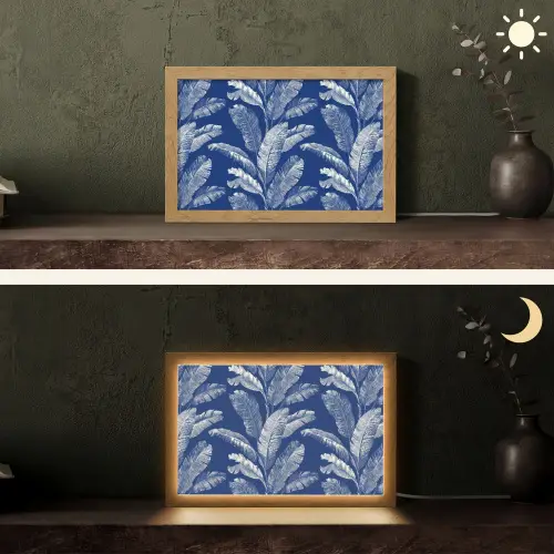 Blad - Palm - Blauw Light Box met kabel (Tafellamp) klein 924 -sfeer3