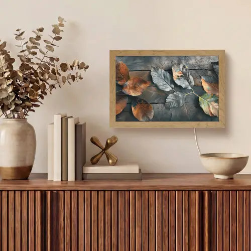 Bladeren - Herfst - Grijs - Natuur Light Box met kabel (Tafellamp) klein -sfeer2