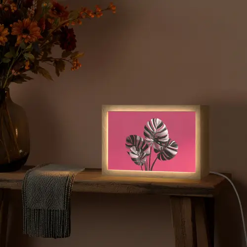 Bladeren - Rond - Roze Light Box met kabel (Tafellamp) klein -sfeer4