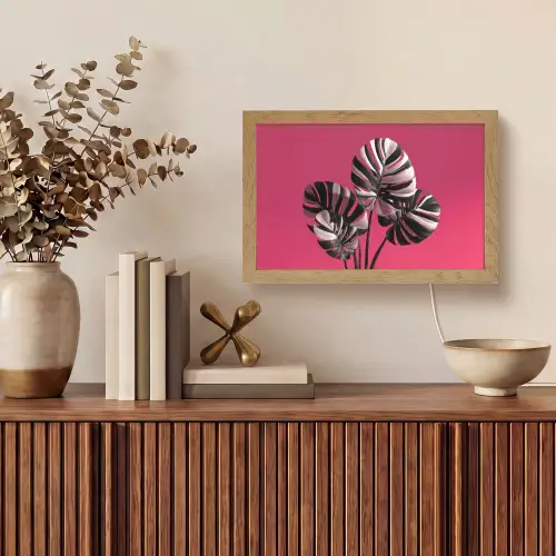Bladeren - Rond - Roze Light Box met kabel (Tafellamp) klein -sfeer2