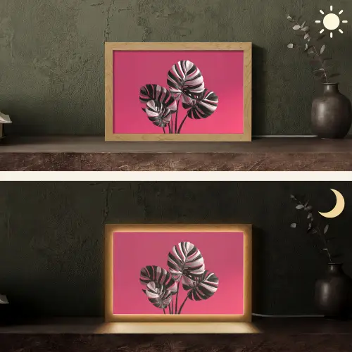 Bladeren - Rond - Roze Light Box met kabel (Tafellamp) klein -sfeer3