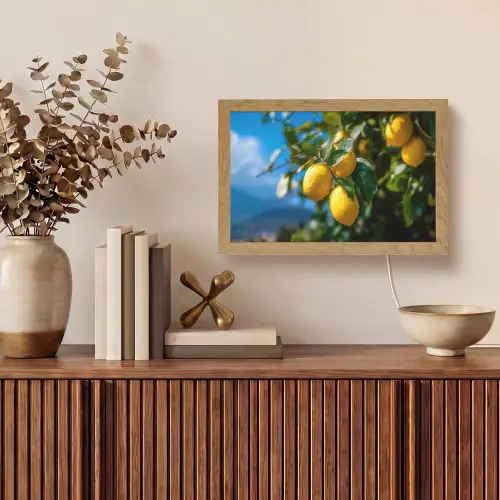 Citroenen - Bladeren - Blauwe lucht Light Box met kabel (Tafellamp) klein -sfeer2