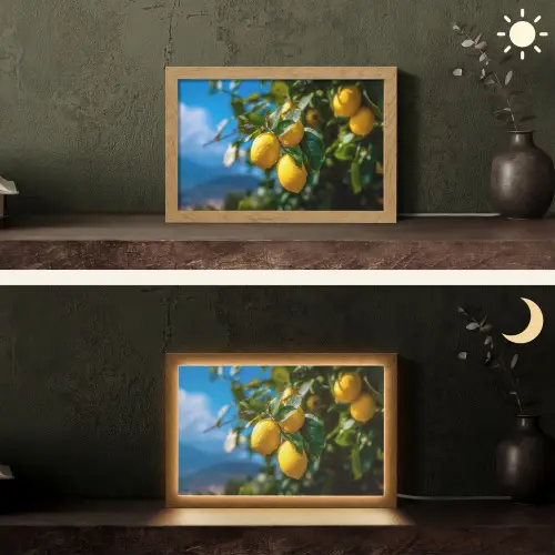 Citroenen - Bladeren - Blauwe lucht Light Box met kabel (Tafellamp) klein -sfeer3