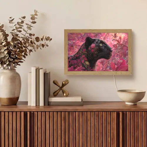 Luipaard - Bloemen - Roze Light Box met kabel (Tafellamp) klein -sfeer2