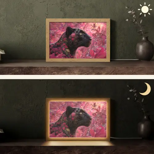Luipaard - Bloemen - Roze Light Box met kabel (Tafellamp) klein -sfeer3