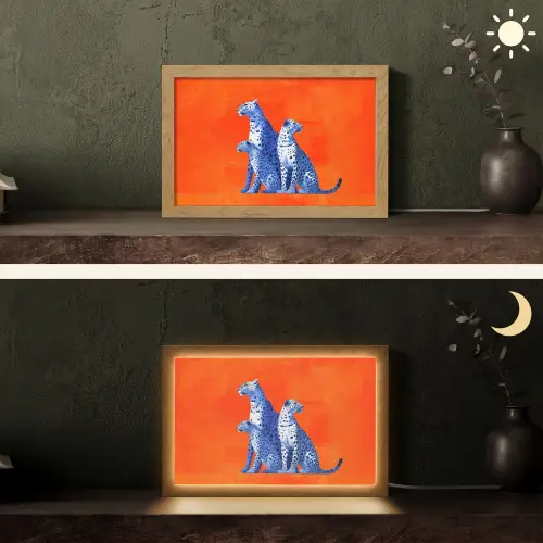 Luipaarden - Stippen - Oranje Light Box met kabel (Tafellamp) klein -sfeer3