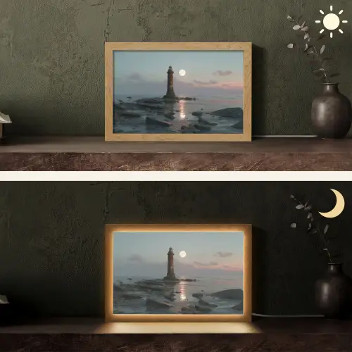 Vuurtoren - Stenen - Water - Maan Light Box met kabel (Tafellamp) klein -sfeer3