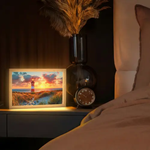 Vuurtoren - Zonsondergang - Duinen - Horizon Light Box met kabel (Tafellamp) klein -sfeer1