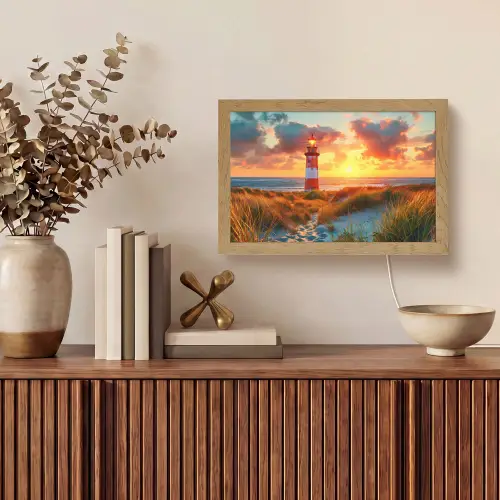 Vuurtoren - Zonsondergang - Duinen - Horizon Light Box met kabel (Tafellamp) klein -sfeer2