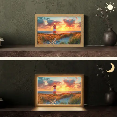 Vuurtoren - Zonsondergang - Duinen - Horizon Light Box met kabel (Tafellamp) klein -sfeer3