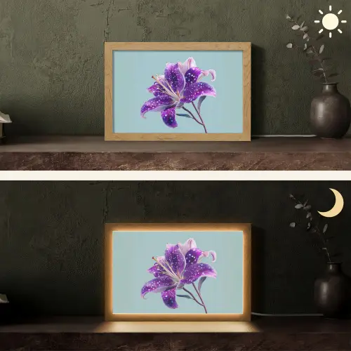 Lelie - Bloem - Paars - Stippen Light Box met kabel (Tafellamp) klein -sfeer3
