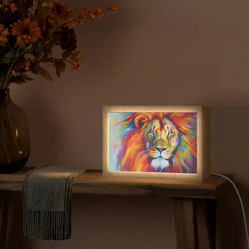 Leeuw - Dieren - Olieverf - Regenboog Light Box met kabel (Tafellamp) klein -sfeer4