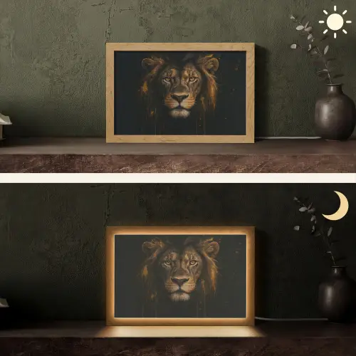 Leeuw - Goud - Druppels Light Box met kabel (Tafellamp) klein -sfeer3
