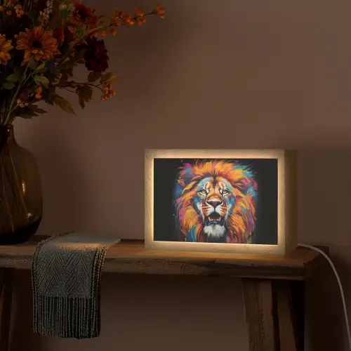 Leeuw - Graffiti - Dieren - Zwart Light Box met kabel (Tafellamp) klein -sfeer4