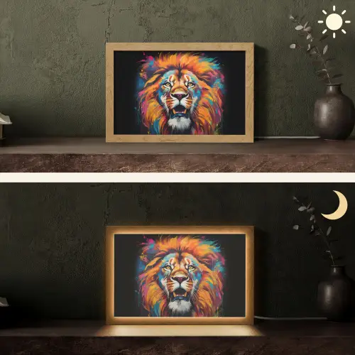 Leeuw - Graffiti - Dieren - Zwart Light Box met kabel (Tafellamp) klein -sfeer3