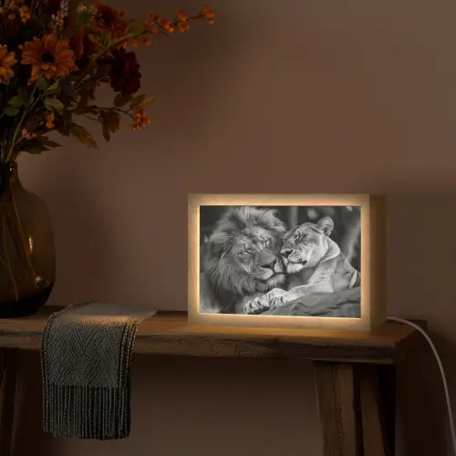 Leeuwen - Dieren - Zwart - Wit - Leeuw Light Box met kabel (Tafellamp) klein -sfeer4