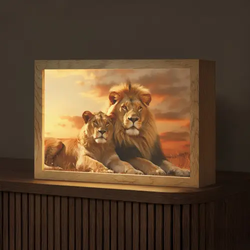 Leeuwen - Zonsondergang - Afrika - Savanne - Dieren Light Box met kabel (Tafellamp) klein -z3d_website