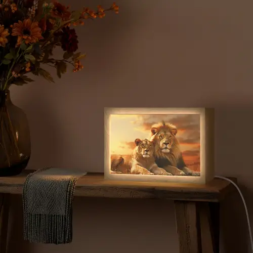 Leeuwen - Zonsondergang - Afrika - Savanne - Dieren Light Box met kabel (Tafellamp) klein -sfeer4