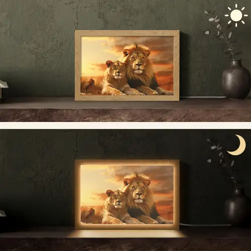 Leeuwen - Zonsondergang - Afrika - Savanne - Dieren Light Box met kabel (Tafellamp) klein -sfeer3