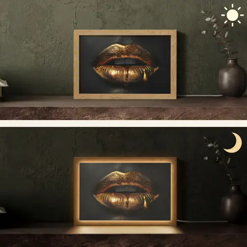 Lippen - Goud - Abstract - Zwart - Aesthetic Light Box met kabel (Tafellamp) klein -sfeer3