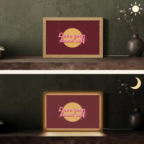 love your damn self - Cirkel - Glitter - Rood Light Box met kabel (Tafellamp) klein -sfeer3